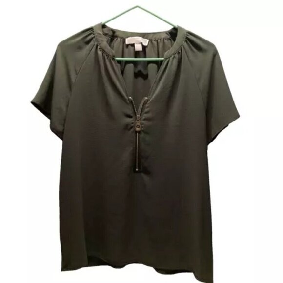 Womens Michael Kors Zip Front Blouse Short Sleeve Olive Green Size Small EUC - Picture 1 of 9